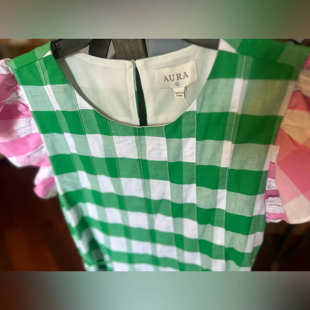 💚 Aura Green/White Checkered Dress. Pink Accents & Pockets. Women’s Large. NWOT. - Picture 2 of 14